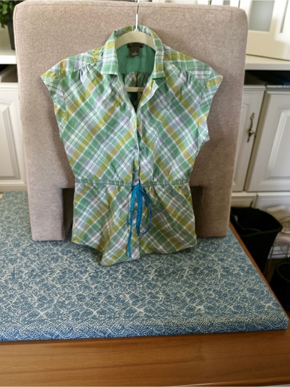 Green Plaid Cotton Button Front Blouse Size 4 Tie Waist Preppy
